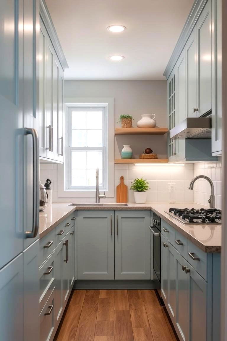 Light Blue Cabinets in a Galley Kitchen - 24 Light Blue Kitchen Cabinets Ideas