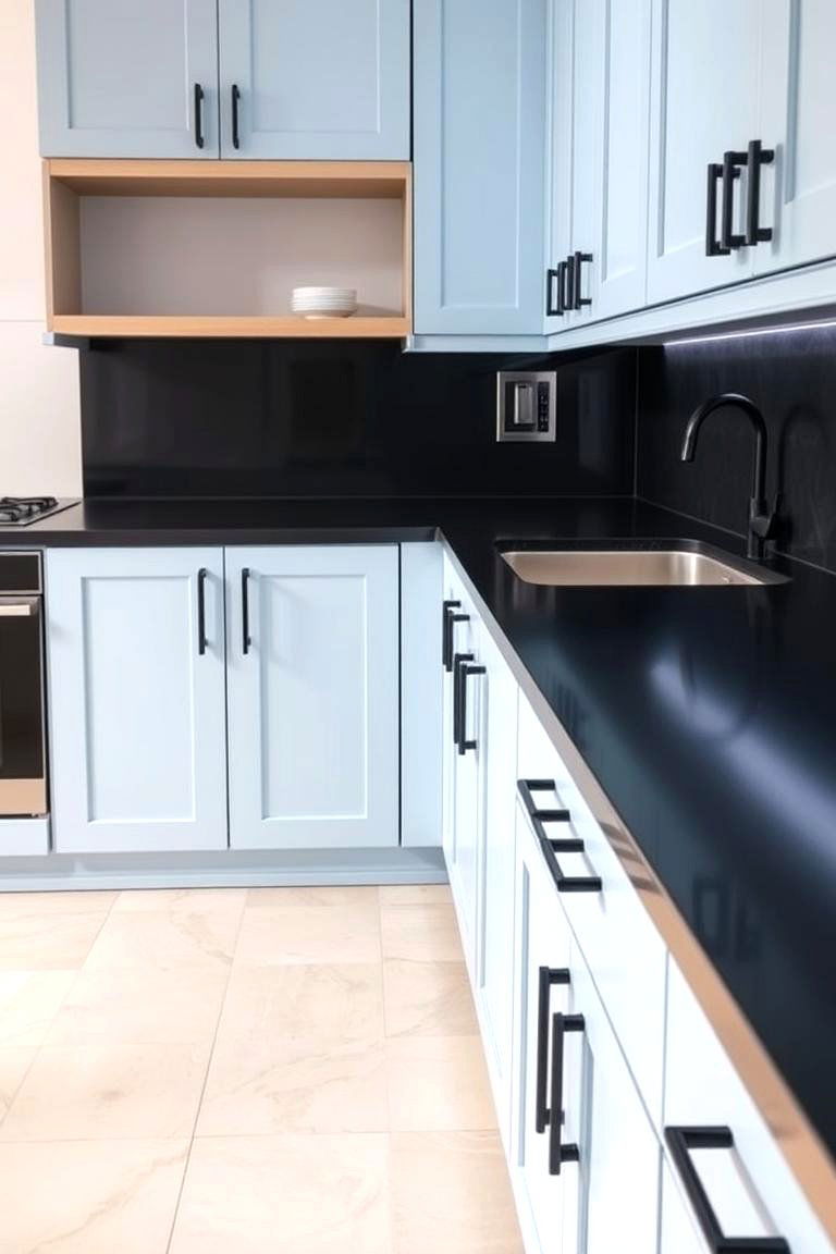 Light Blue Cabinets with Black Accents - 24 Light Blue Kitchen Cabinets Ideas