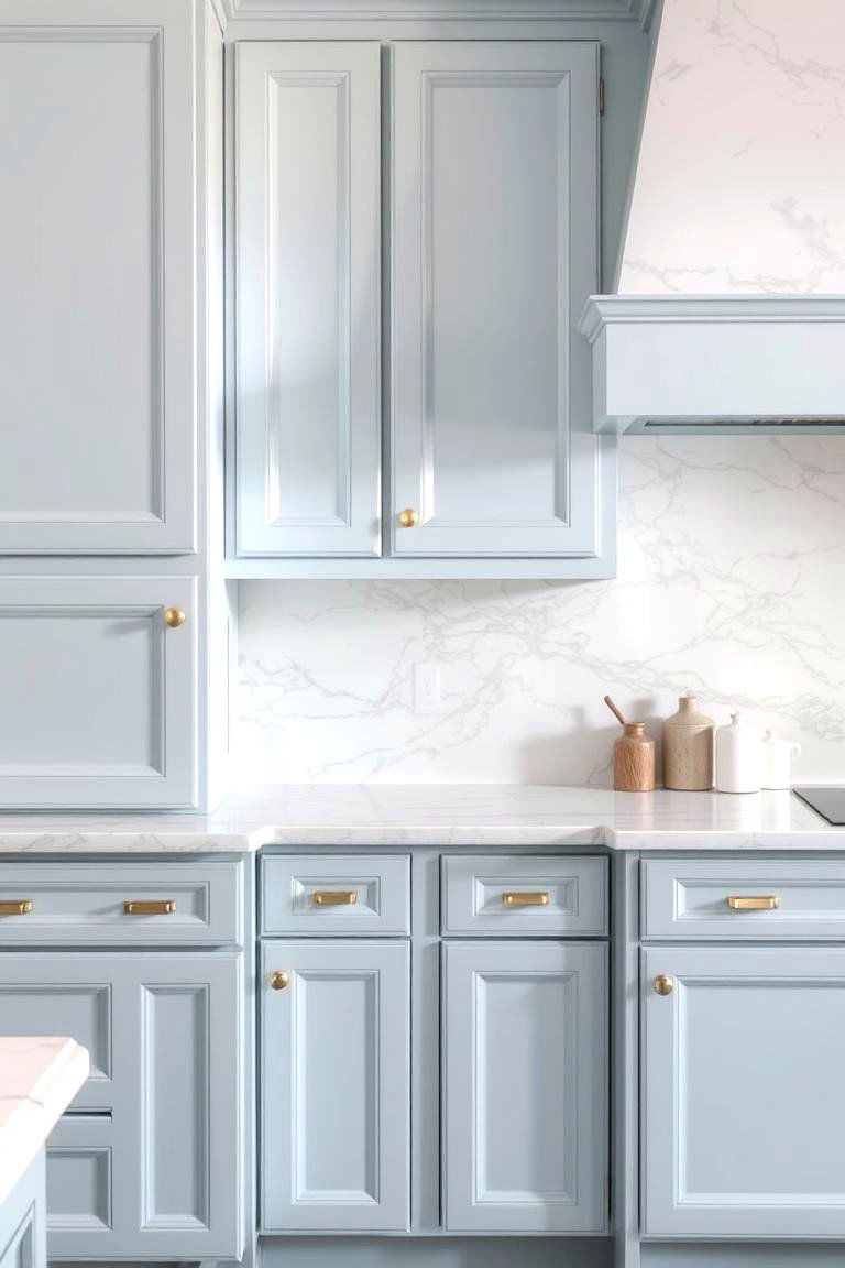 Light Blue Cabinets with Marble Backsplash - 24 Light Blue Kitchen Cabinets Ideas