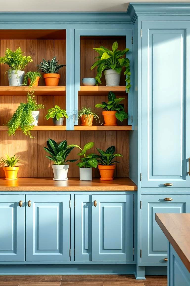 Light Blue Cabinets with Open Shelving and Plants - 24 Light Blue Kitchen Cabinets Ideas