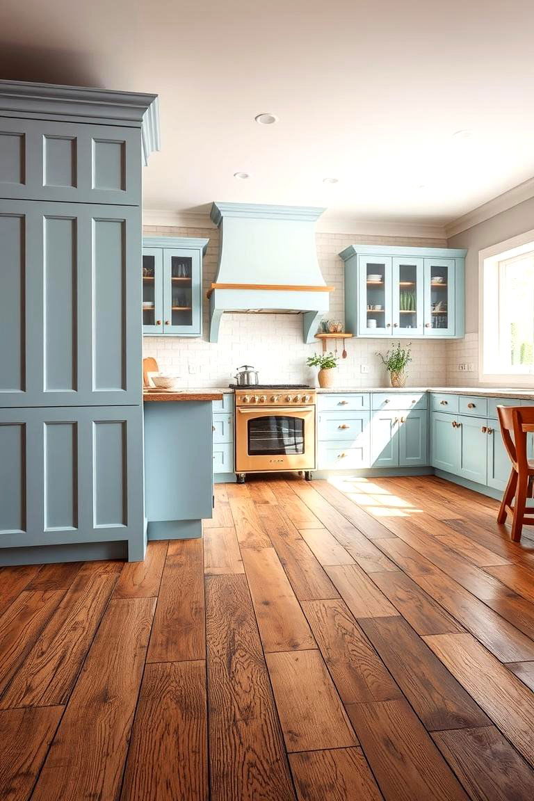 Light Blue Cabinets with Rustic Wood Flooring - 24 Light Blue Kitchen Cabinets Ideas