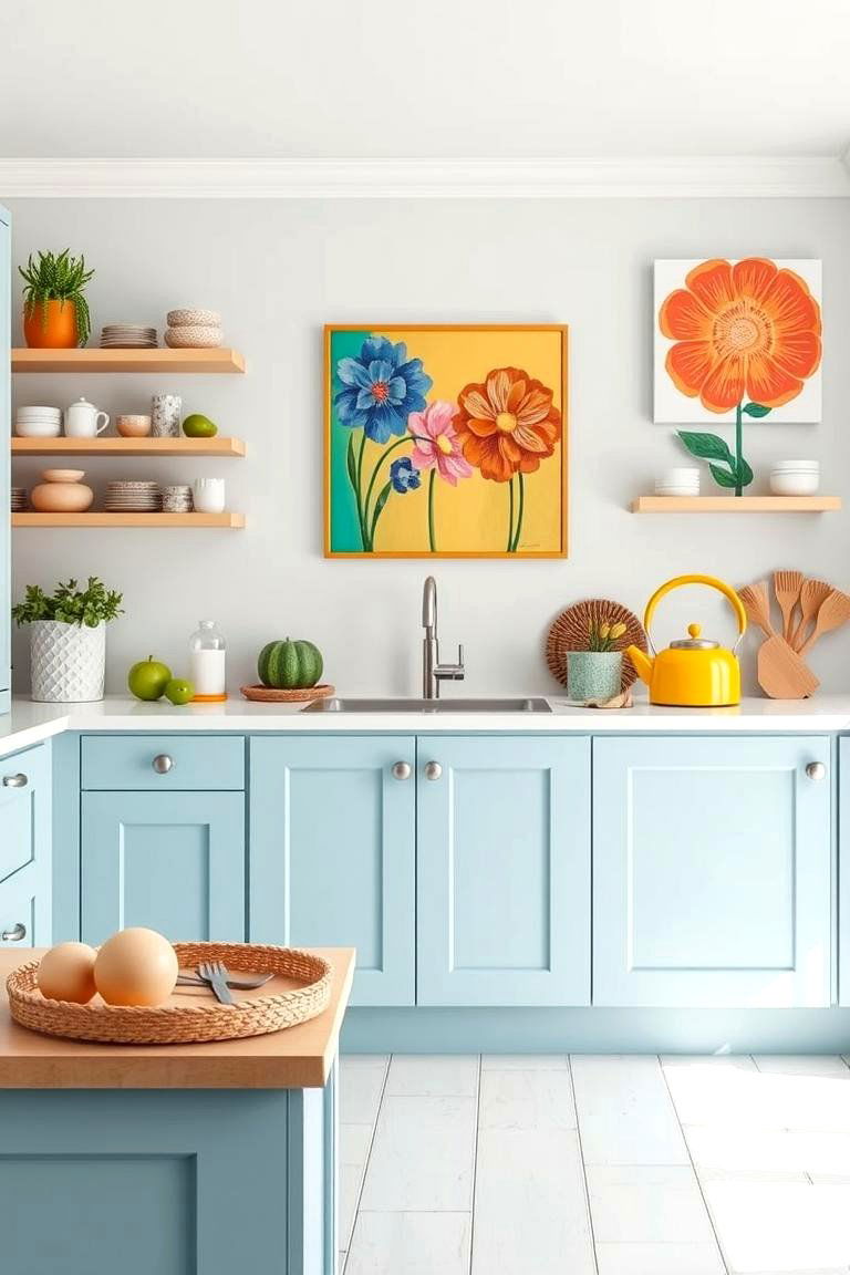 Light Blue Cabinets with a Pop of Color - 24 Light Blue Kitchen Cabinets Ideas