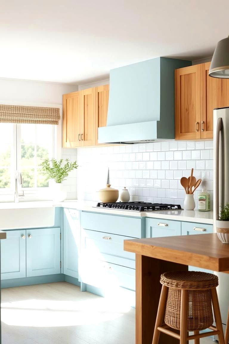 Light Blue and Natural Bamboo - 24 Two Tone Kitchen Cabinet Ideas