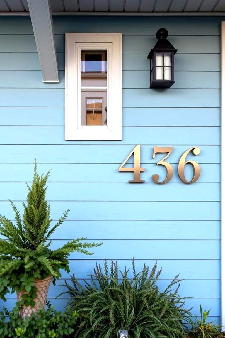 Light Blue with Distinctive House Numbers - 24 light blue house exterior ideas