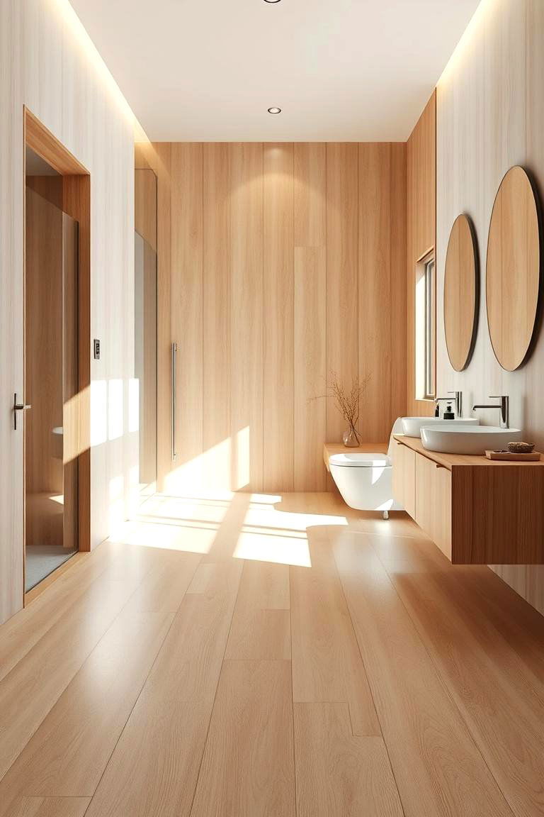 Light Colored Natural Wood Elegance - 24 Ideas for Wood Floors in Bathrooms