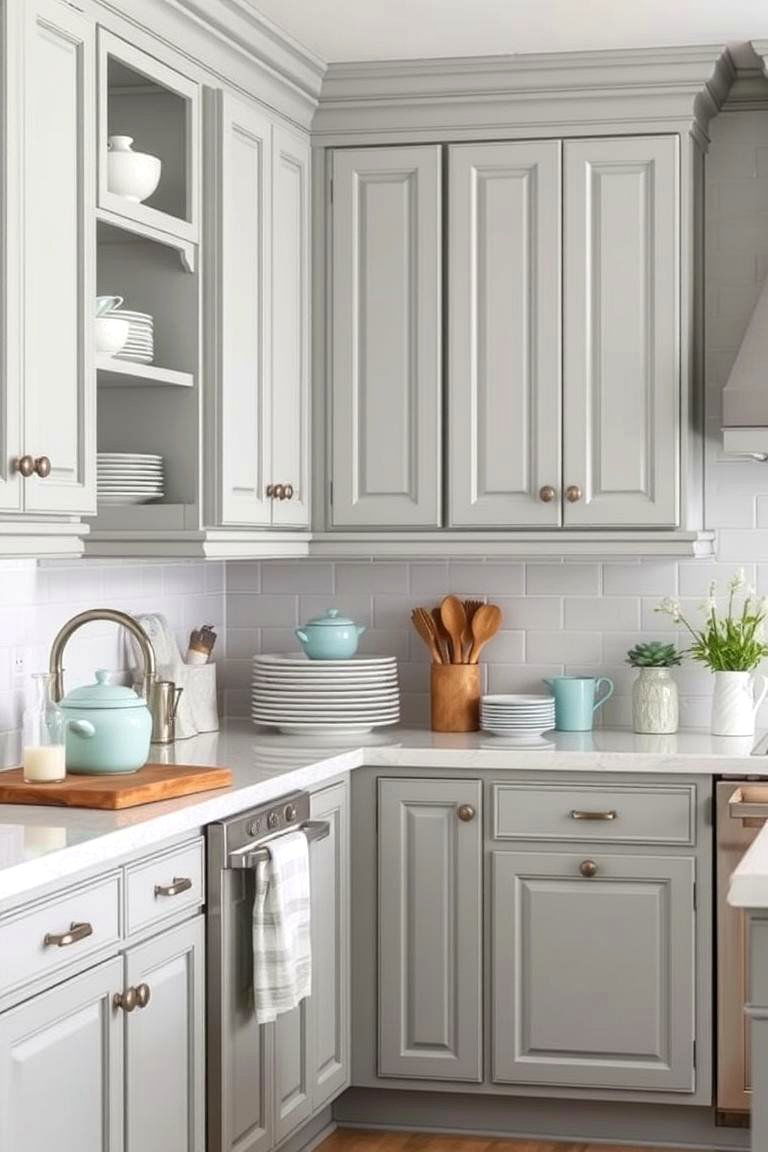 Light Gray Cabinets with Soft Blue Accents - 24 Farmhouse Kitchen With Gray Cabinets Ideas