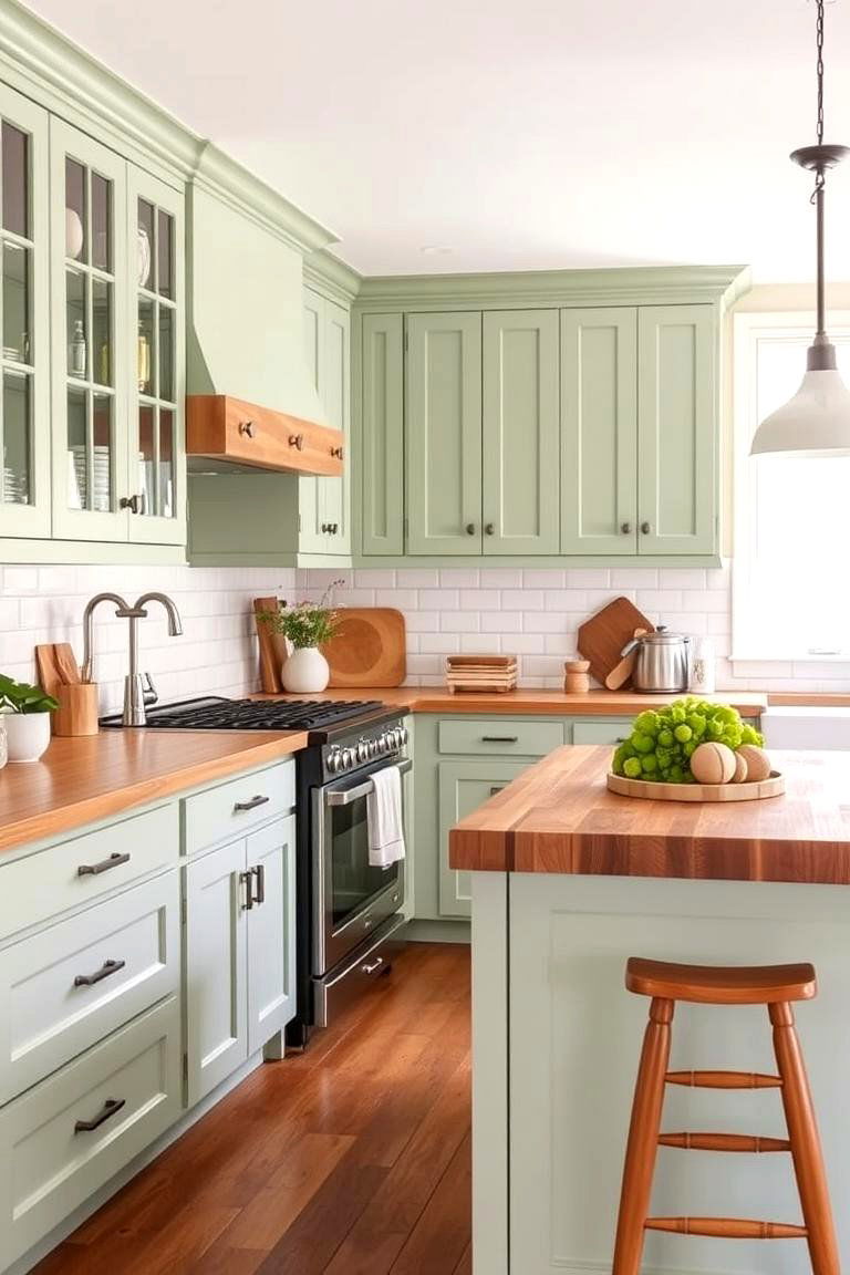 Light Green and Wood Combo for a Rustic Farmhouse Style - 24 Green Kitchen Cabinet Ideas