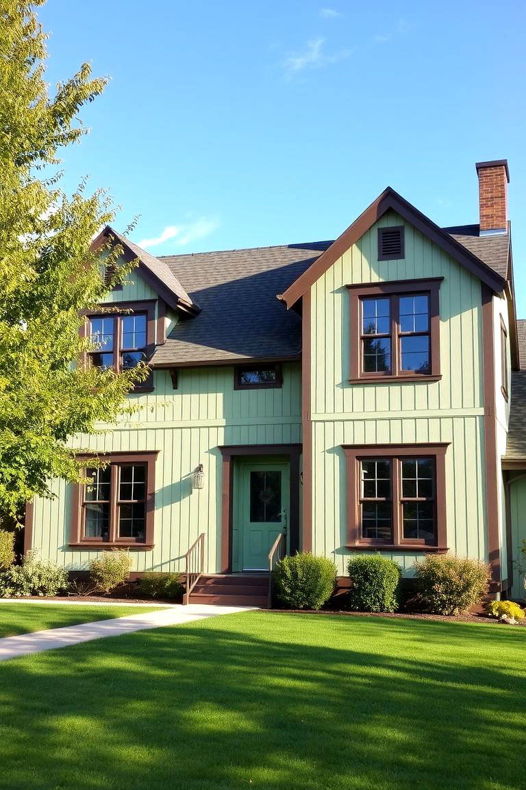 Light Green with Dark Brown Trim - 24 Farmhouse Green Exterior Home Ideas