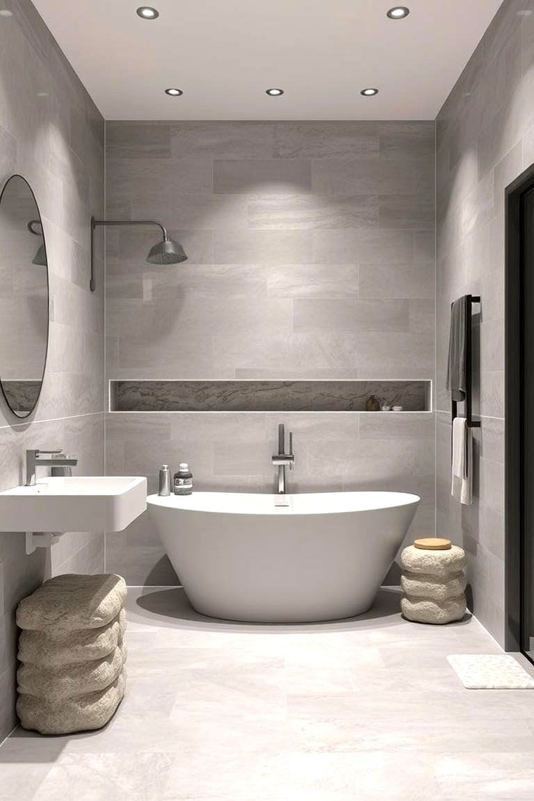 Light Grey Tiles with Natural Stone Accents - 24 Grey Tile Bathroom Ideas