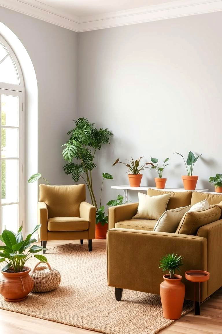 Light Grey Walls with Olive Green Furniture and Plants - 24 Green and Grey Living Room Ideas