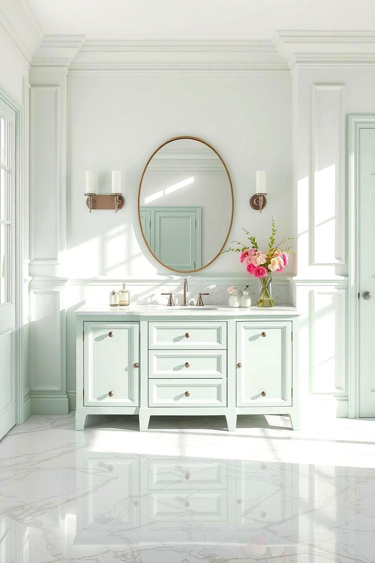 Light Mint Green Vanity with Marble Floors - 24 Bathroom With Green Vanity