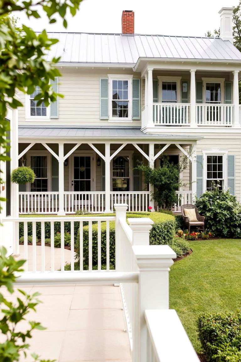 Light Olive with White Railings - 24 Farmhouse Green Exterior Home Ideas