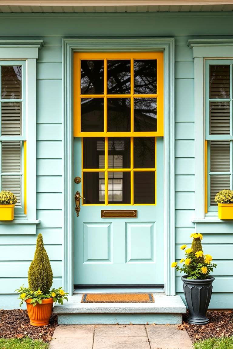 Light Teal with Yellow Accents - 24 Farmhouse Green Exterior Home Ideas