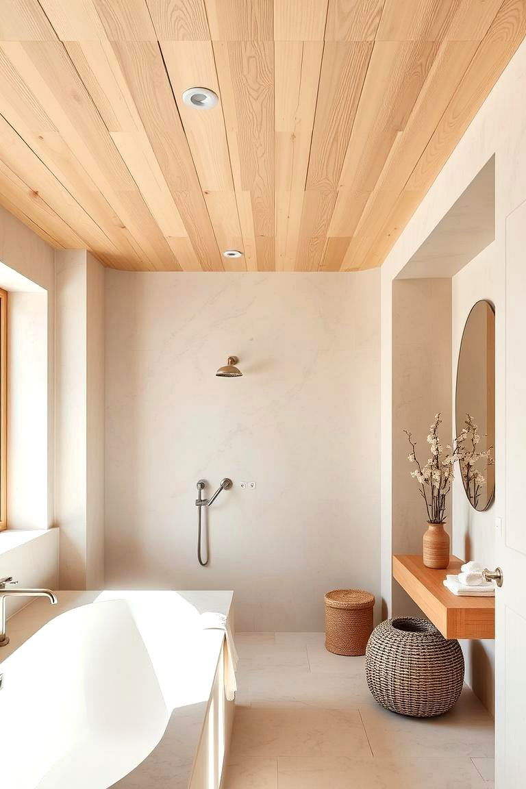 Light Wood Ceiling for a Soft Warm Atmosphere - 24 Bathroom Ceiling Ideas