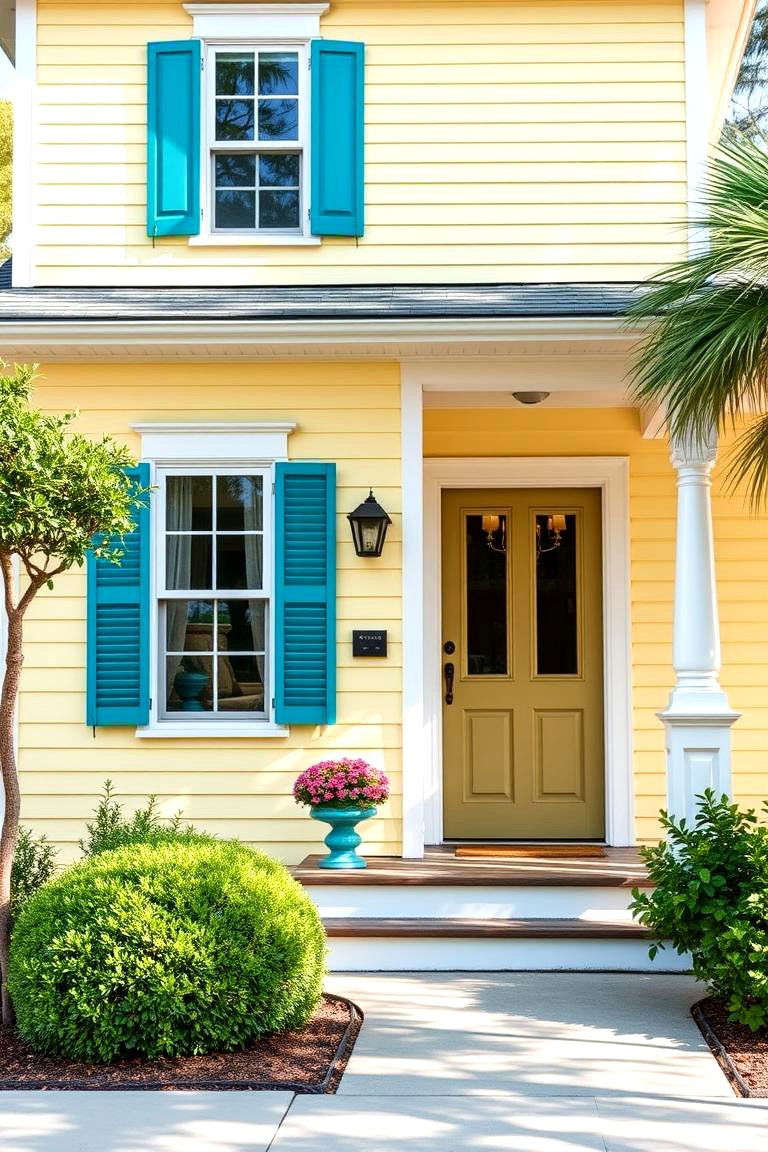 Light Yellow with Teal Accents - 24 Yellow Exterior Home Ideas