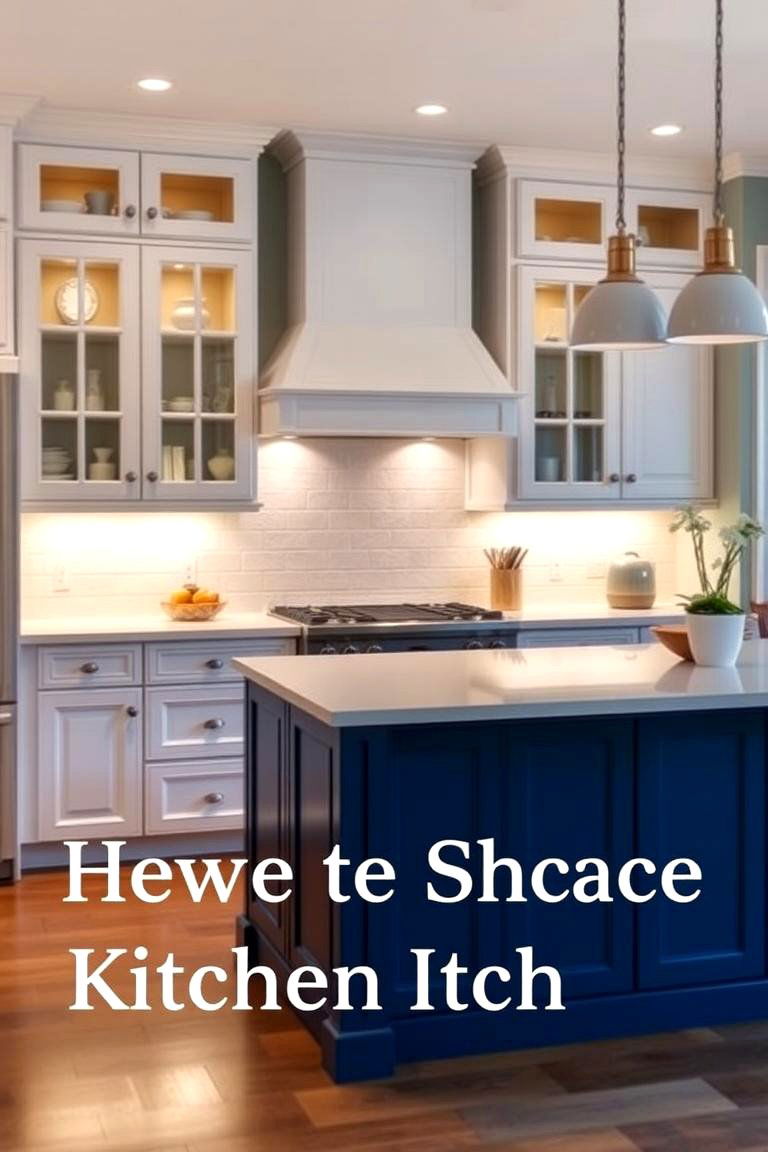Lighting to Enhance the Design - 24 White Kitchen Cabinets With Blue Island