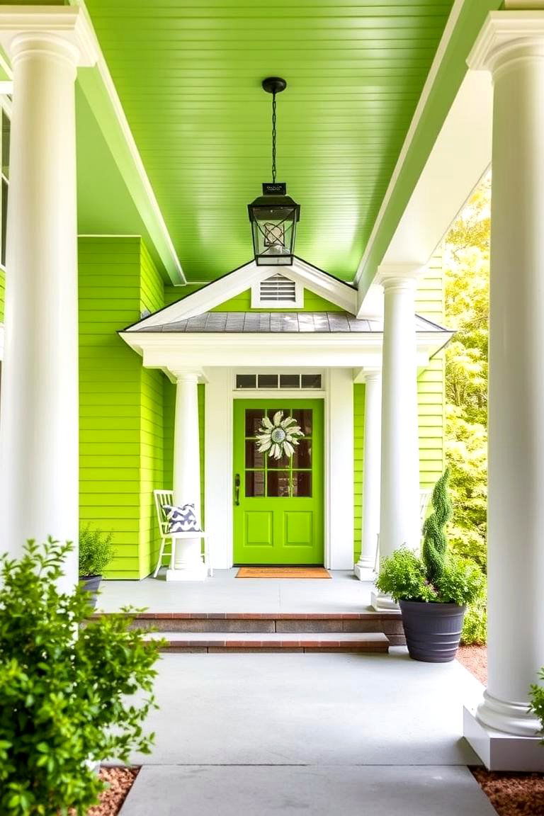 Lime Green with White Columns - 24 Farmhouse Green Exterior Home Ideas