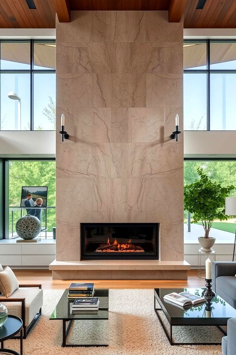 Limestone and Glass Fusion - 24 Floor to Ceiling Stone Fireplace Ideas