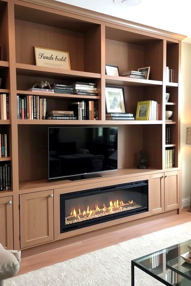 Linear Fireplace Integrated into Shelving - 24 linear fireplace ideas