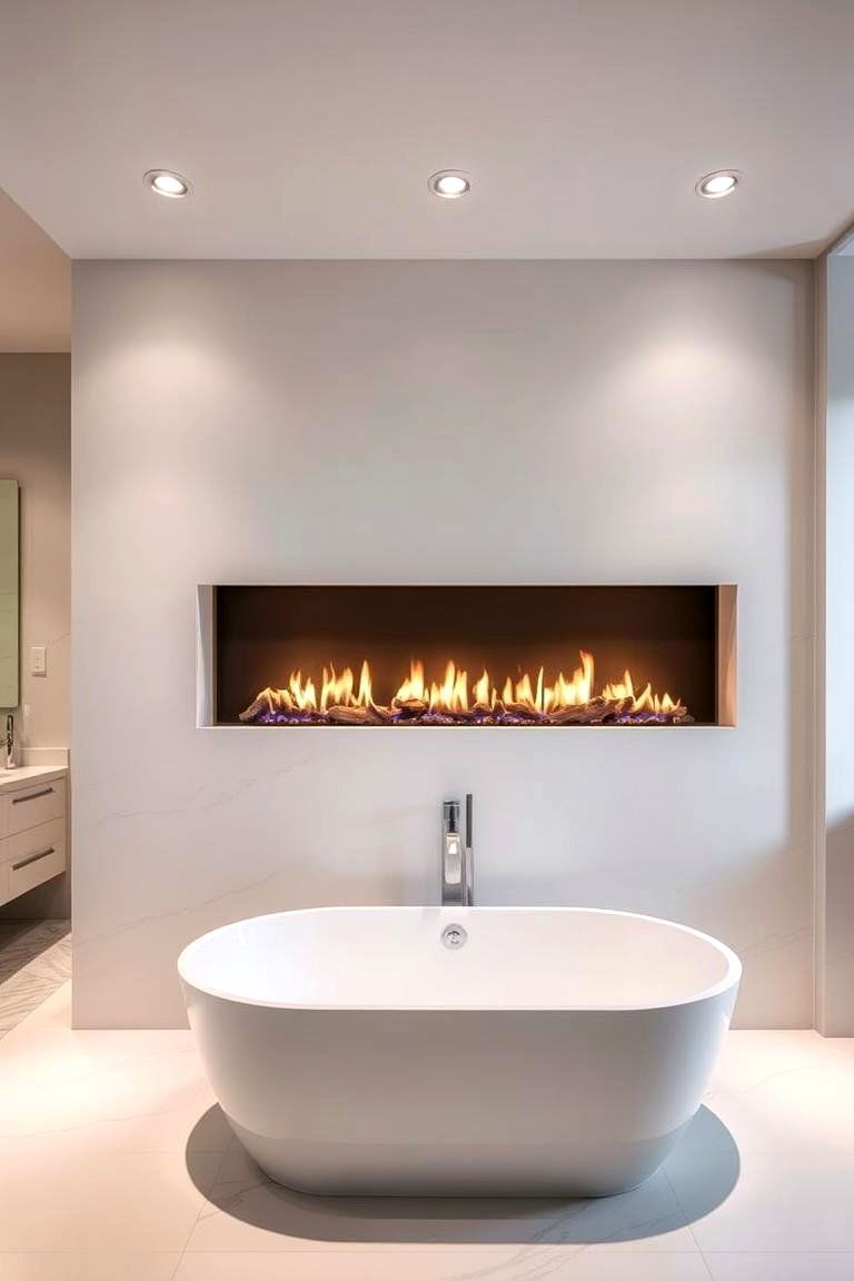 Linear Fireplace in a Bathroom Retreat - 24 linear fireplace ideas