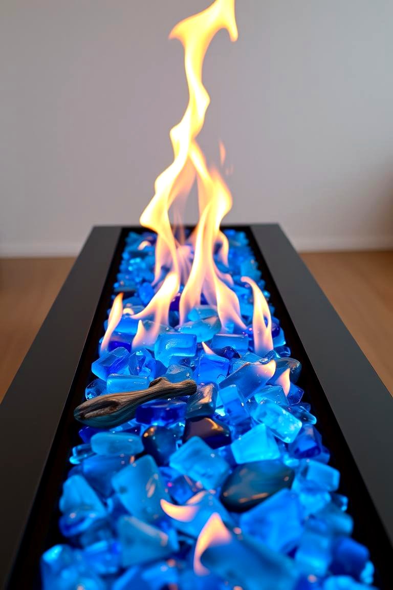 Linear Fireplace with Colored Glass Media - 24 linear fireplace ideas