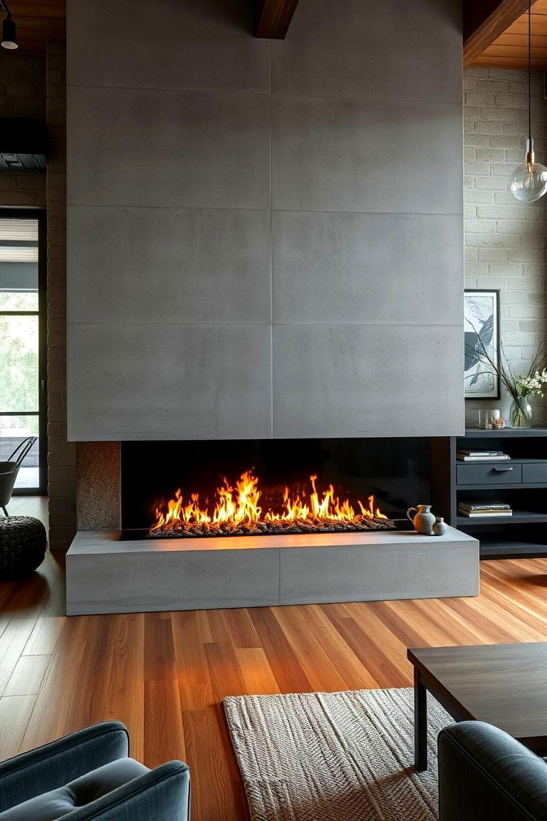 Linear Fireplace with a Concrete Surround - 24 linear fireplace ideas