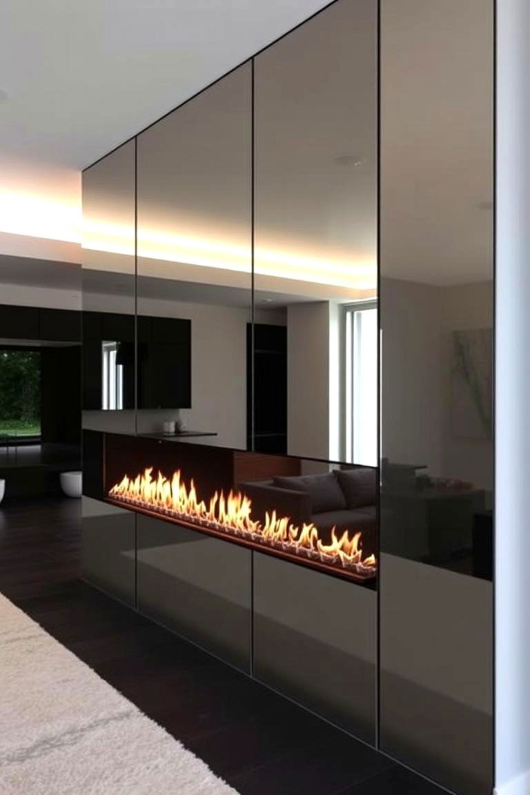 Linear Fireplace with a Mirrored Backdrop - 24 linear fireplace ideas
