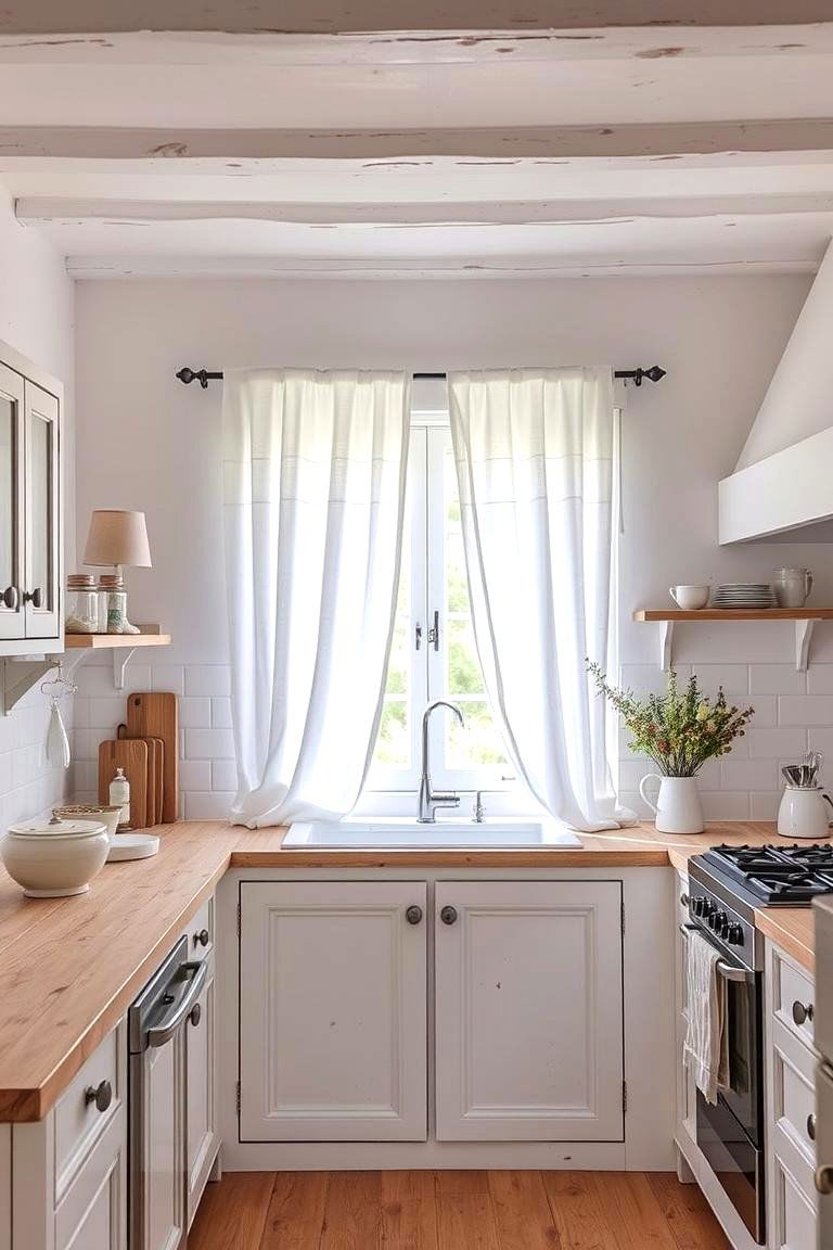 Linen or Cotton Window Treatments - 24 Rustic White Kitchen Ideas