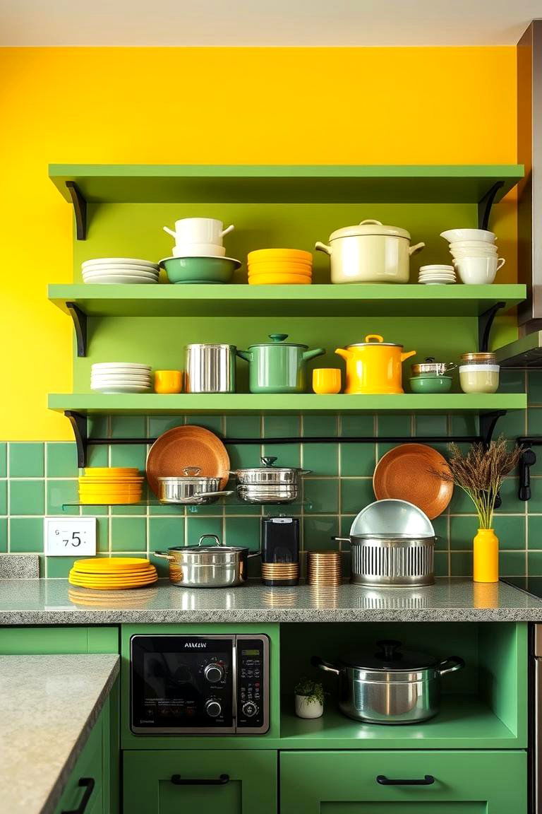 Lively Green and Yellow Open Shelves - 24 Green and Yellow Kitchen Ideas