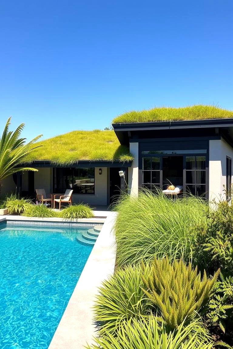 Living Green Roof Over a Pool House - 24 Pool Shade Ideas