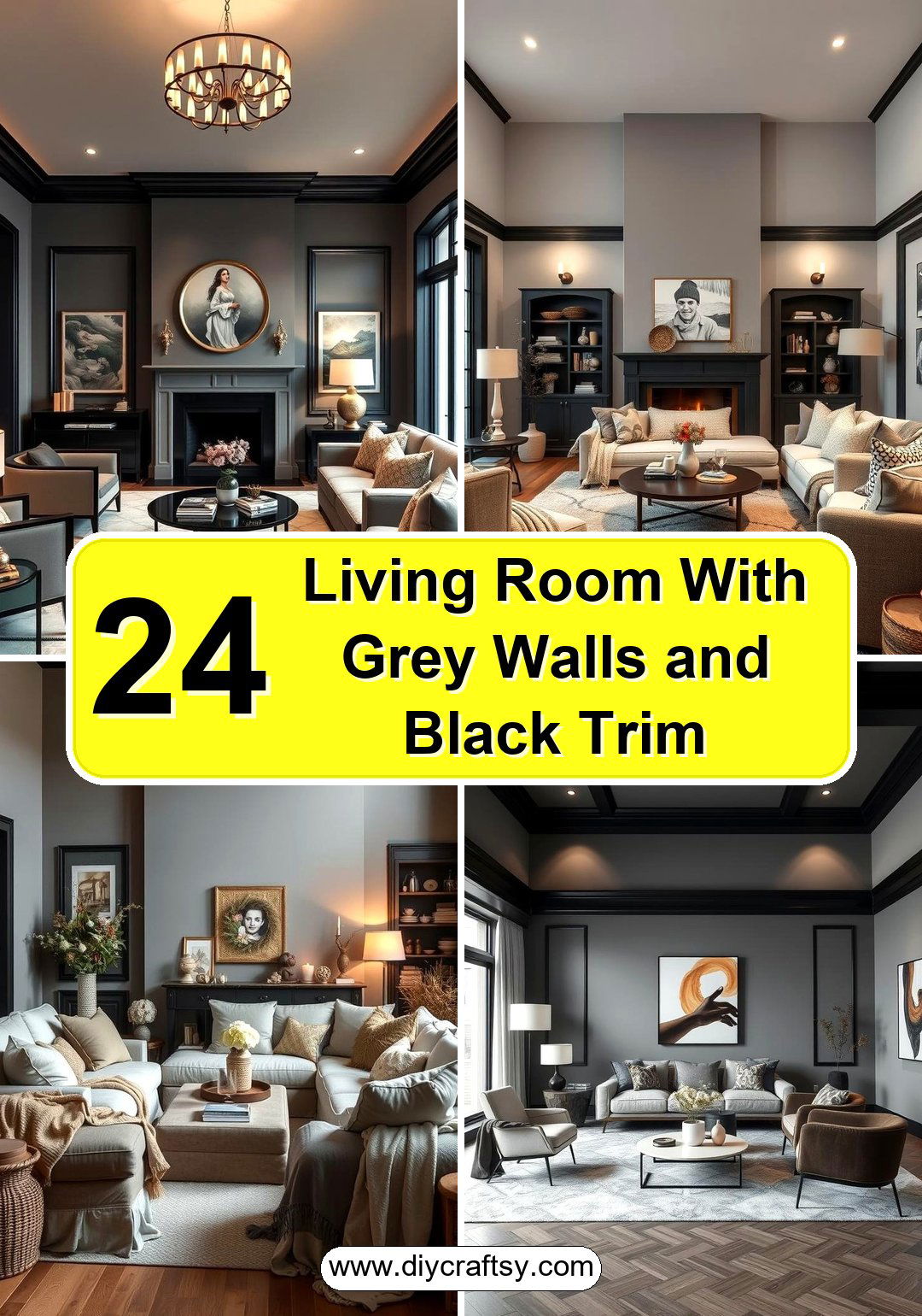 Living Room With Grey Walls and Black Trim