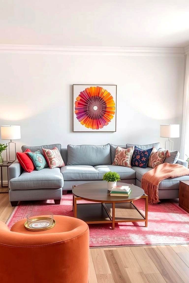 Living Room with Pops of Color in a Grey and White Base - 24 Grey and White House Interior Design Ideas