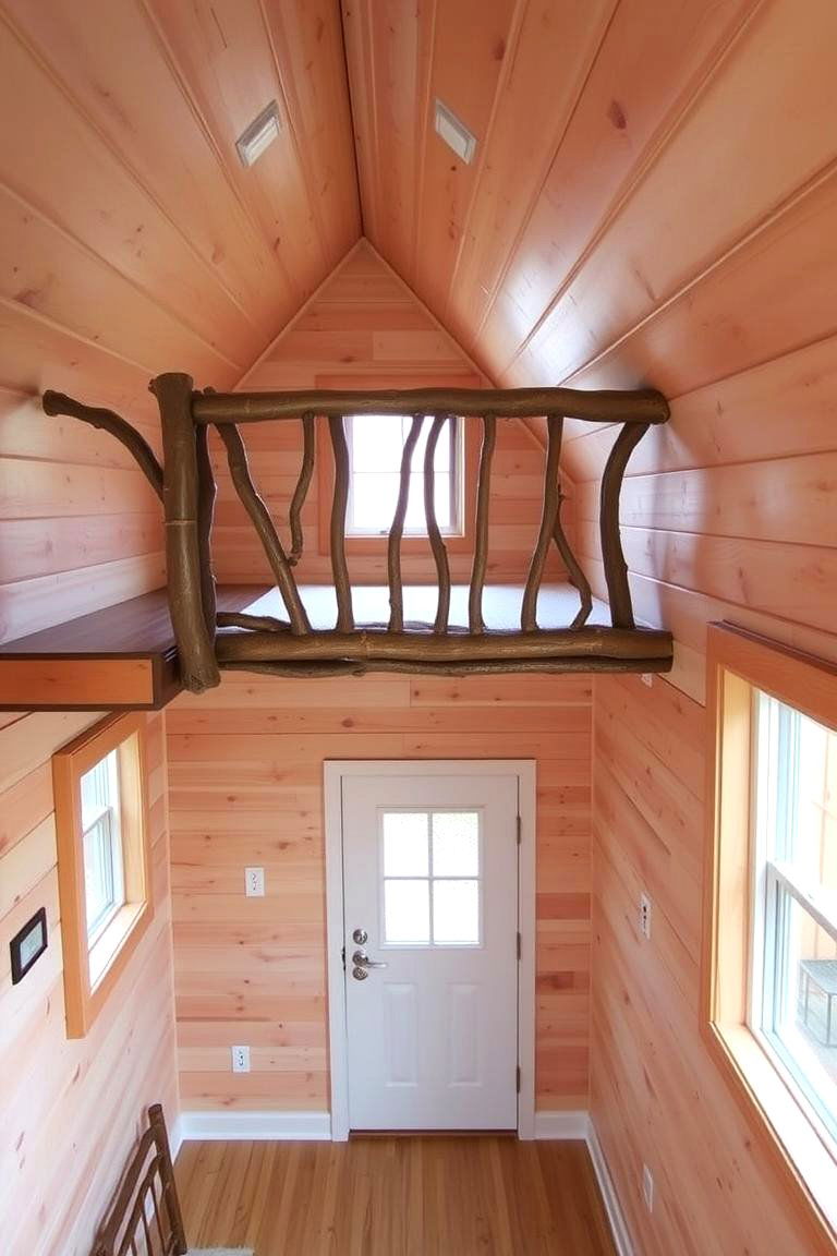 Loft Railing Made of Branches - 24 Rustic Tiny House Ideas