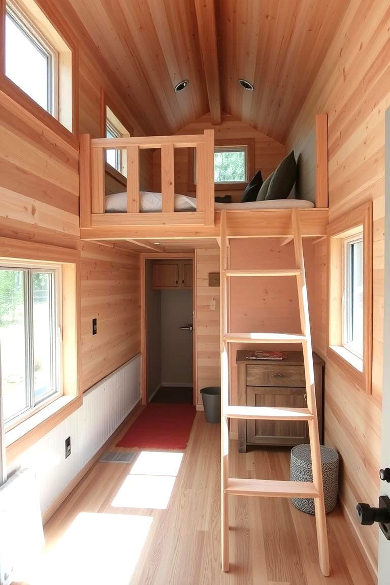 Loft with Natural Wood Ladder - 24 Rustic Tiny House Ideas