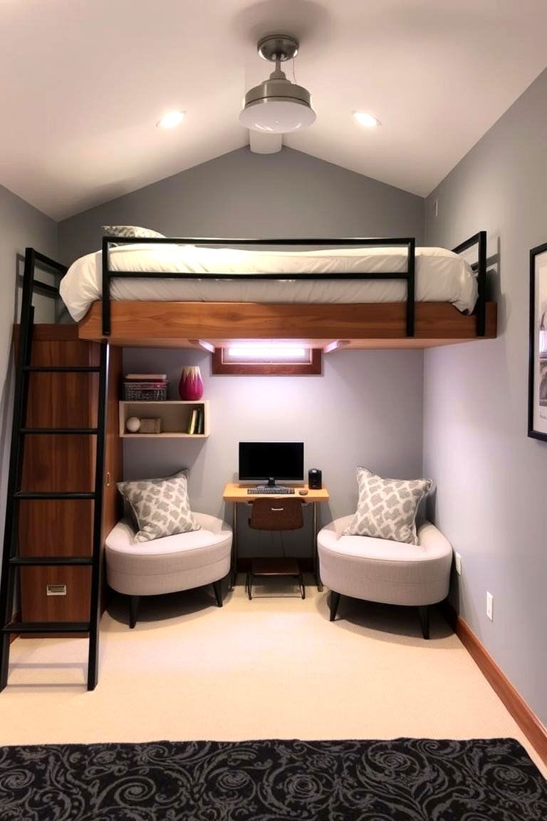Lofted Bed for Space Efficiency Basement Bedroom - 24 Basement Bedroom Ideas