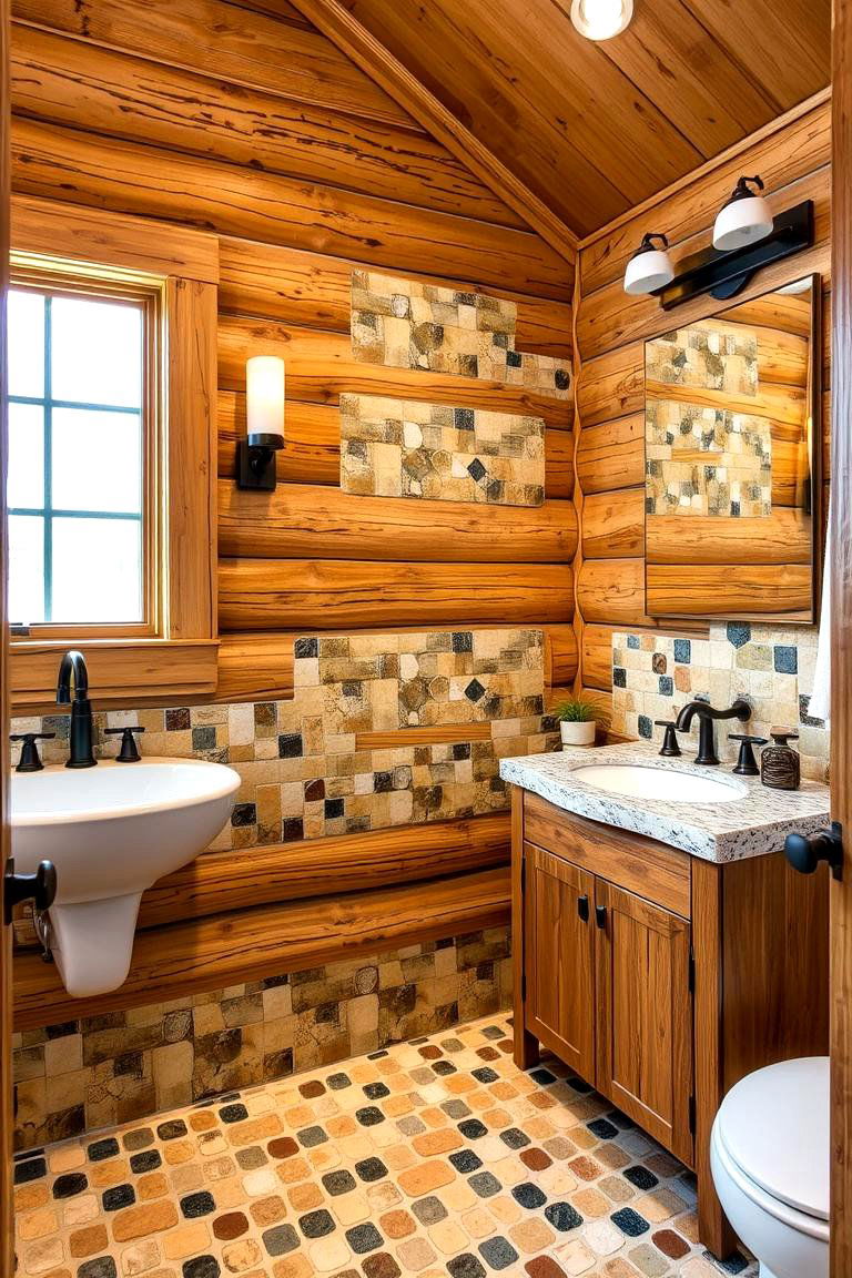 Log Mosaic Tile Accents - 24 Log Cabin Bathroom Ideas