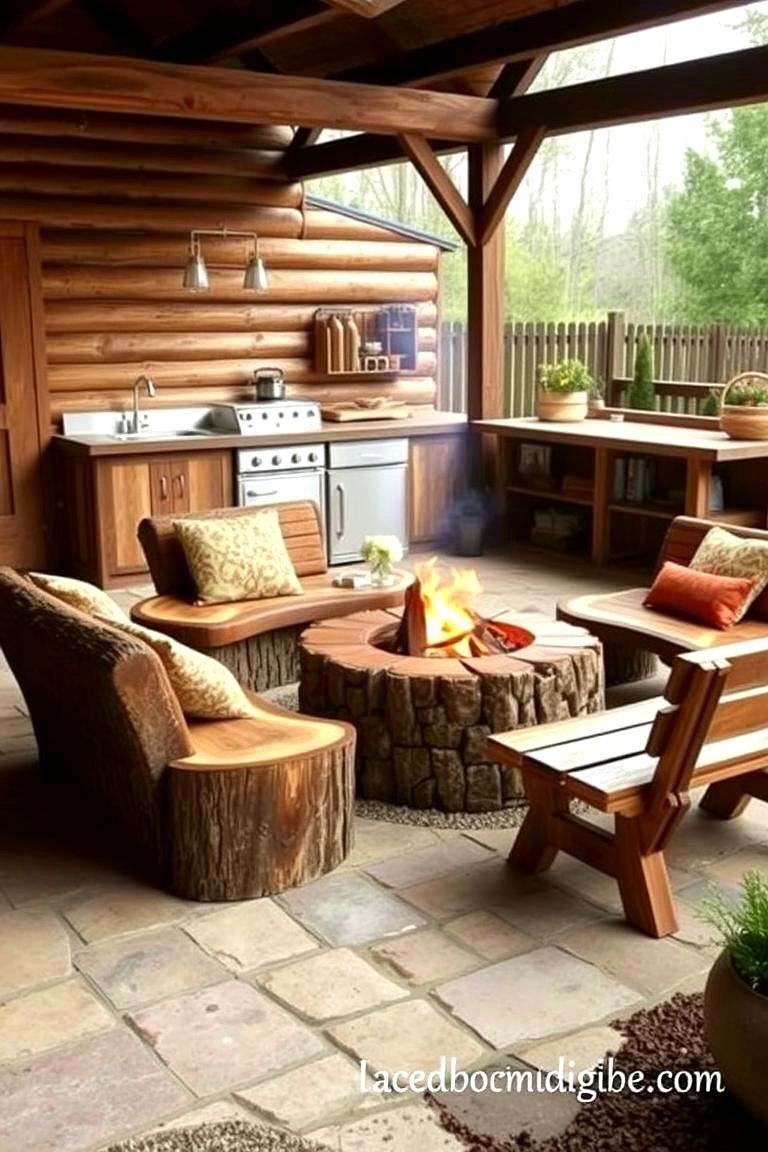 Log Seating Around a Fire Pit - 24 Rustic Outdoor Kitchen Ideas
