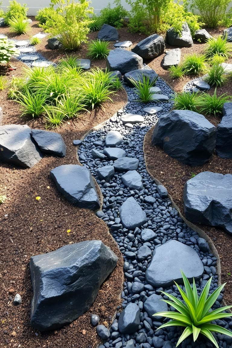 Low Maintenance Landscape Design with Black River Rock - 24 Black River Rock Landscaping Ideas