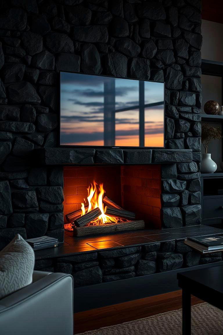 Luminous Evening Glow - 24 Black Stone Fireplace Ideas