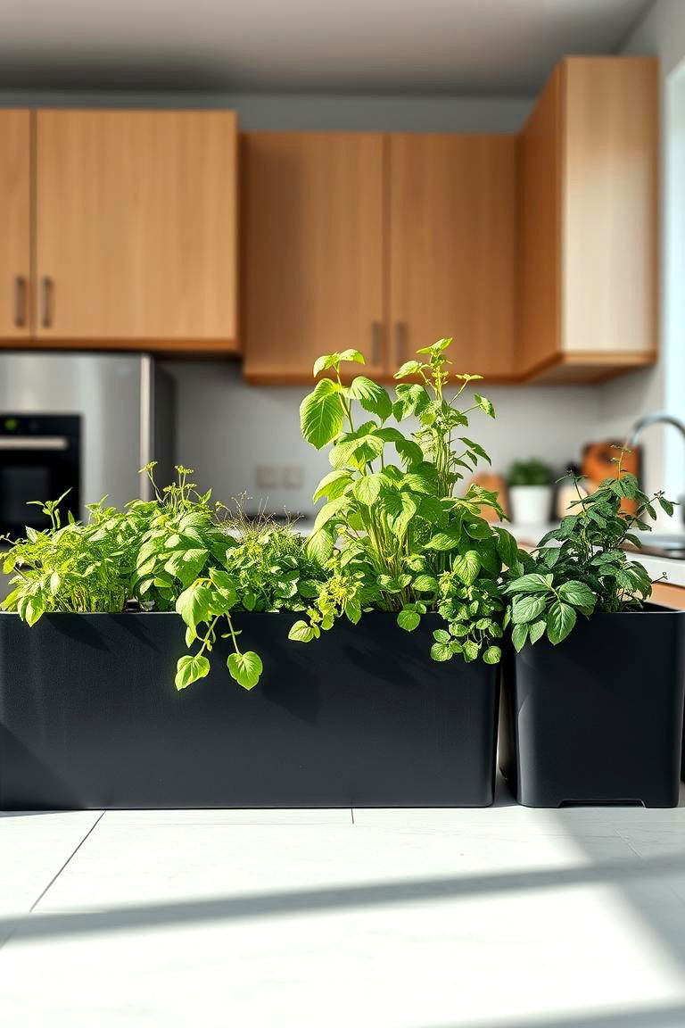 Lush Green Indoor Herb Garden with Black Planters - 24 Black and Green Kitchen Ideas