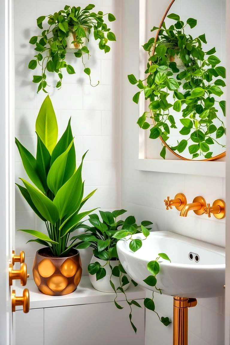 Lush Green Plant Accents with Golden Hardware - 24 Green and Gold Bathroom Ideas