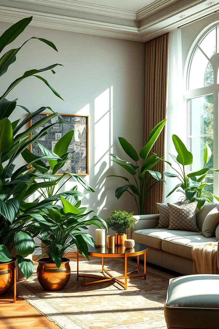 Lush Indoor Oasis with Green Plants and Gold Accents - 24 Green and Gold Living Room Ideas