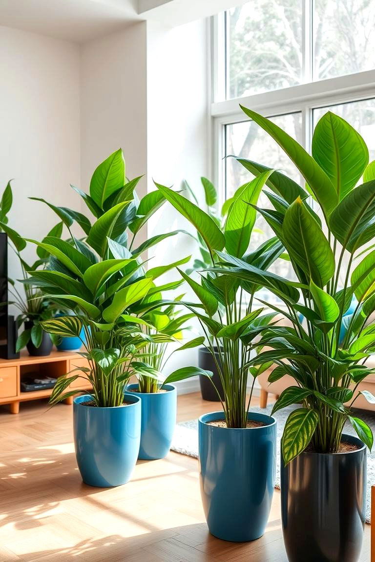 Lush Indoor Plants with Blue and Black Pots - 24 Black and Blue Living Room Ideas