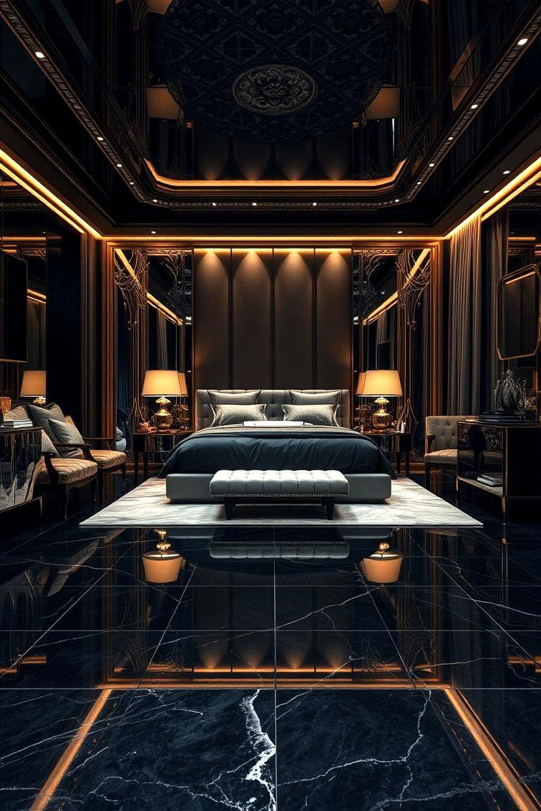 Luxe Black Floor Bedroom with Metallic Accents - 24 Black Floor Bedroom Ideas