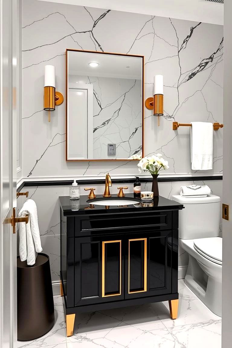Luxe Black Vanity with Golden Accents - 24 black and gold powder room ideas
