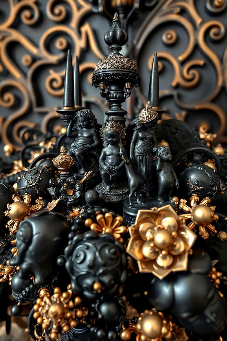 Luxe Black and Gold Ornamental Cluster - 24 Black and Gold Centerpiece Ideas