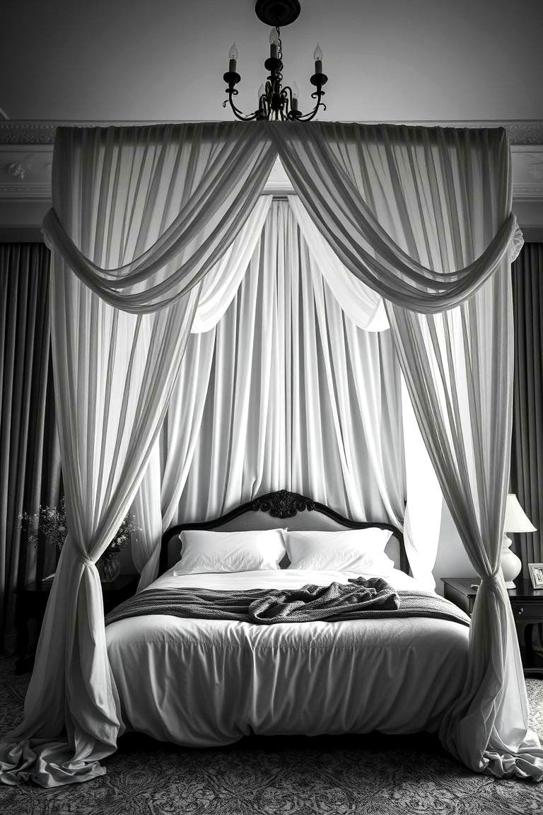 Luxe Canopy Retreat - 24 Feminine Black and White Bedroom Ideas