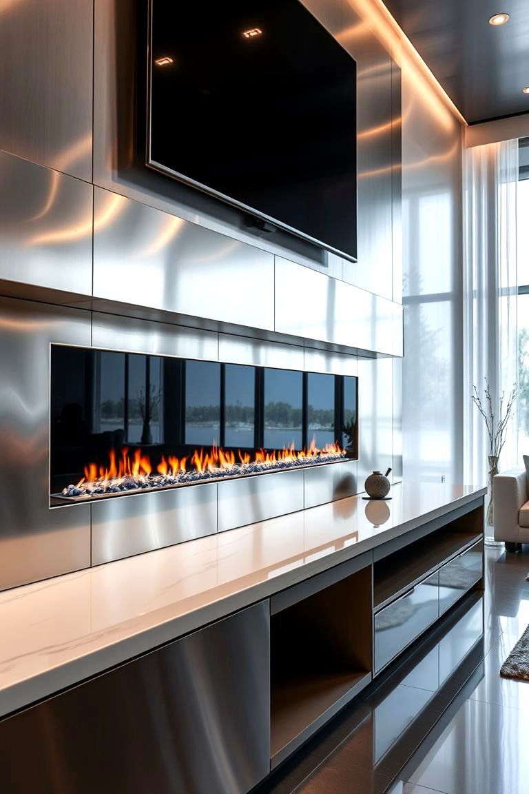 Luxe Contemporary with Metallic Finishes - 24 Linear Fireplace Ideas With Tv Above