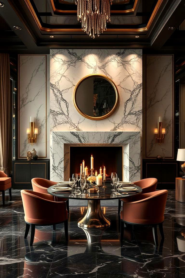 Luxe Dining with Marble Fireplace - 24 Dining Room With Fireplace Ideas