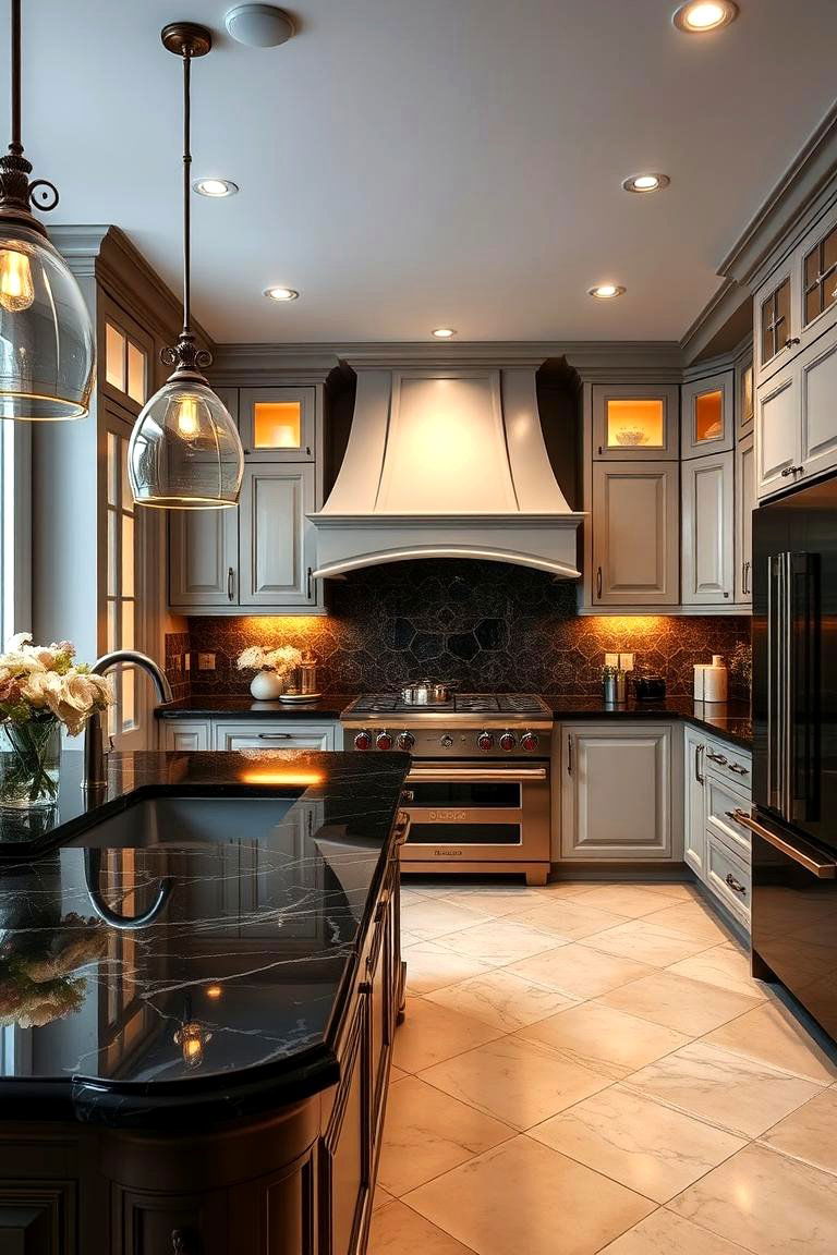 Luxe Finishes with Warm Lighting - 24 kitchen with dark countertops and light cabinets